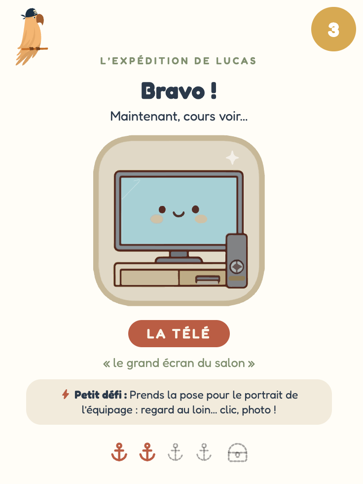 Carte n°3 de la chasse au trésor pirates : la télé du salon comme cachette, indice et défi photo pour l'équipage