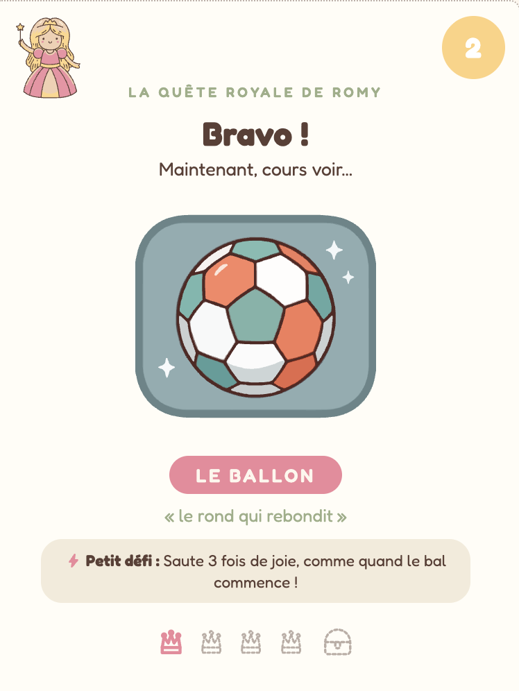 Carte n°2 de la chasse au trésor princesses : le ballon comme cachette, indice et défi des trois sauts de joie