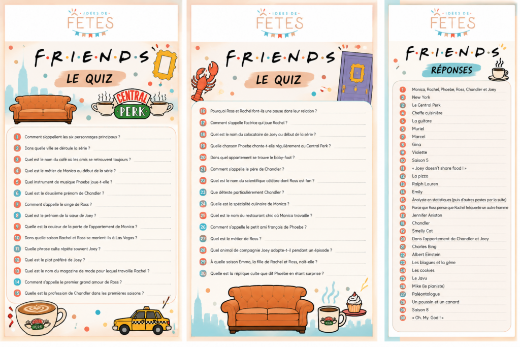Quiz Friends à imprimer : deux pages de questions sur la série et la feuille des réponses
