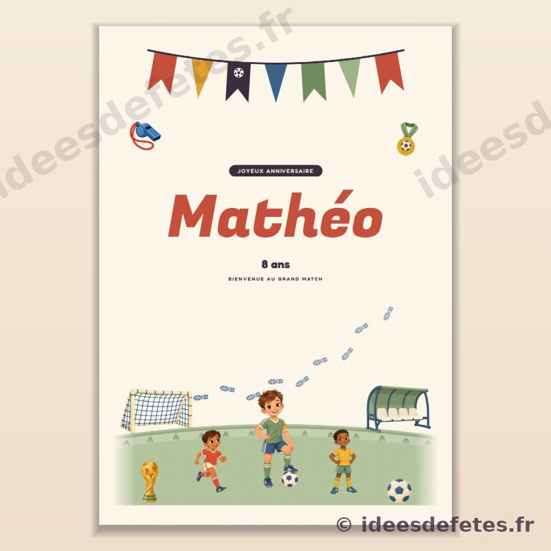 Affiche d'anniversaire football à imprimer, au prénom et à l'âge de l'enfant : l'équipe sur la pelouse sous une guirlande de fanions