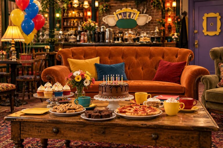 Décor d'anniversaire Friends façon Central Perk : canapé orange, ballons et gâteau d'anniversaire