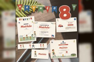 Kit d’anniversaire football Le Grand Match à imprimer : guirlande au prénom, affiche, invitation, carte de la chasse au trésor, clés, marque-place et diplôme d’As du ballon