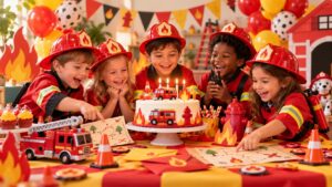 Anniversaire pompier : cinq enfants en casques rouges autour d'un gâteau au camion de pompiers, décor de flammes et ballons