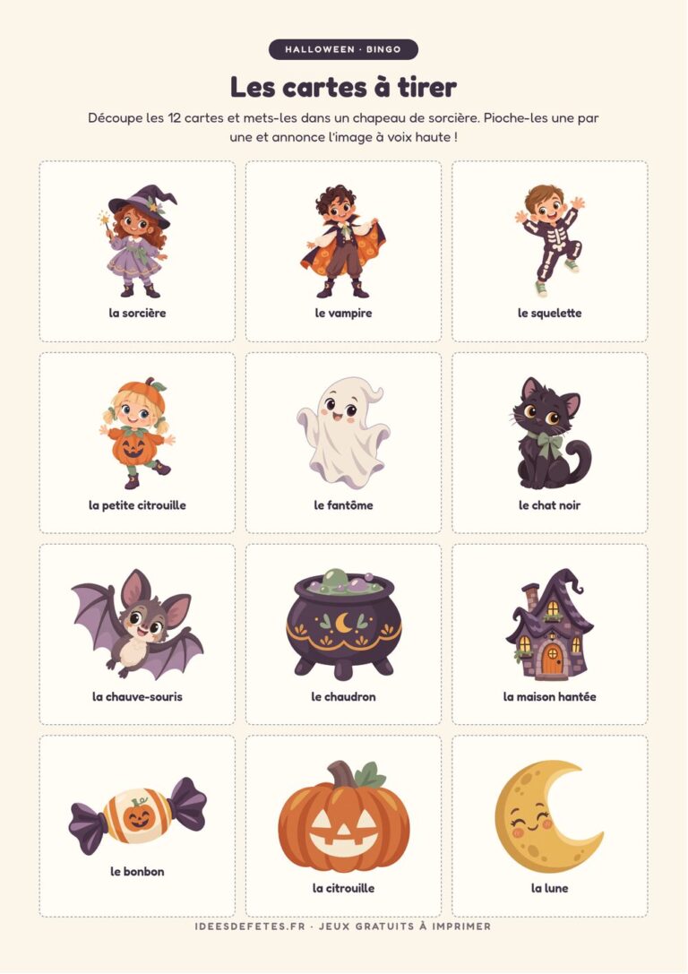 Bingo Halloween à imprimer : les 12 cartes à découper et à piocher, de la sorcière au bonbon
