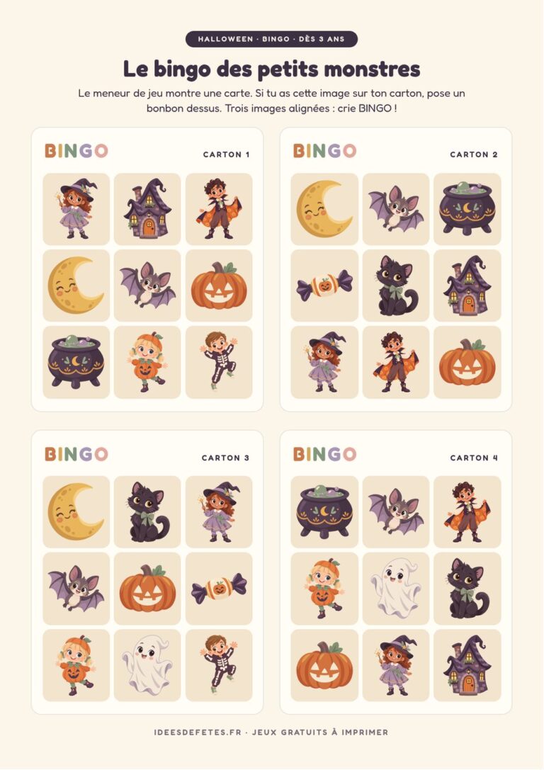 Bingo Halloween à imprimer : quatre cartons de neuf images avec la sorcière, le vampire, le chat noir et la citrouille