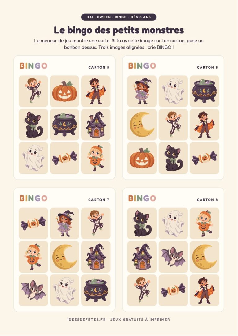 Bingo Halloween à imprimer : quatre autres cartons, numérotés de 5 à 8, avec le fantôme, la lune et la maison hantée