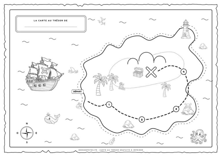 Carte au trésor à colorier à imprimer : la carte pirate au trait noir, avec l’île, le navire, le phare et le coffre