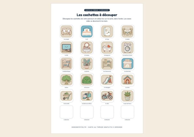 Cachettes à découper pour la carte au trésor : canapé, lit, frigo, arbre, toboggan et cases à dessiner