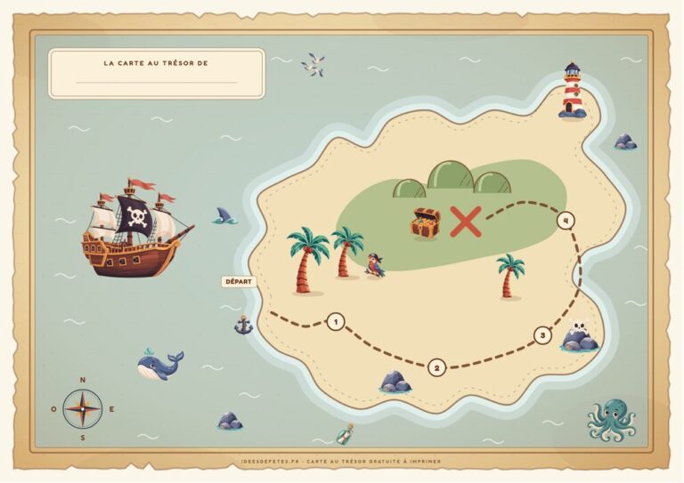 Carte au trésor pirate à imprimer : l’île, le chemin en pointillés jusqu’à la croix et au coffre, le navire au large