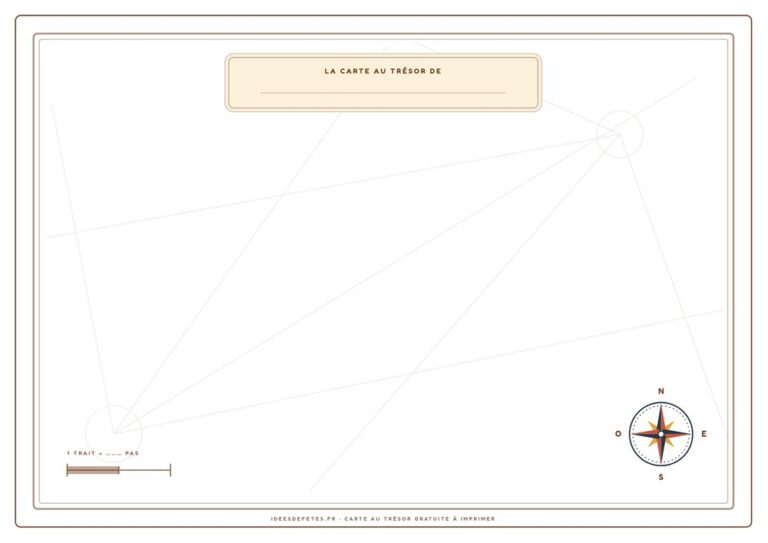 Carte au trésor vierge à imprimer en noir et blanc : cadre, rose des vents et cartouche sur fond blanc