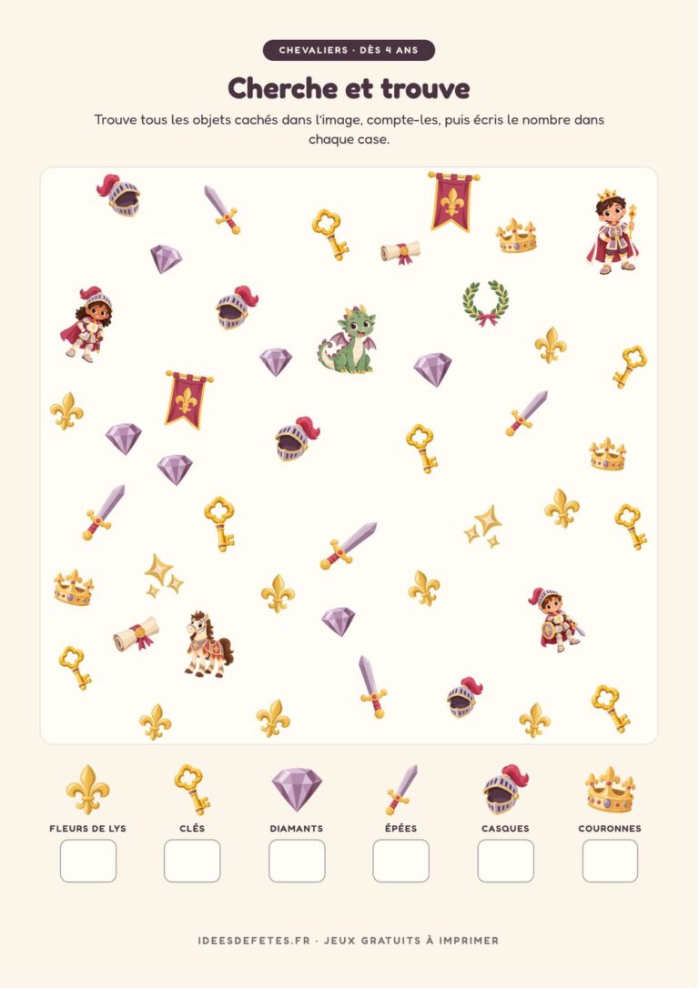 Cherche et trouve chevalier à imprimer : compter les fleurs de lys, les clés et les diamants