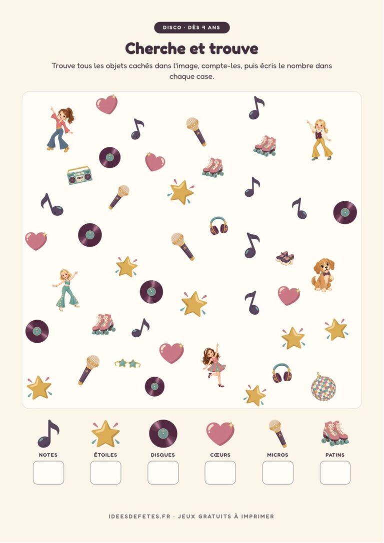 Cherche et trouve disco à imprimer : compter les notes de musique, les étoiles et les disques