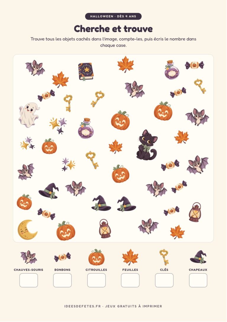 Cherche et trouve Halloween à imprimer : compter les chauves-souris, les bonbons et les citrouilles