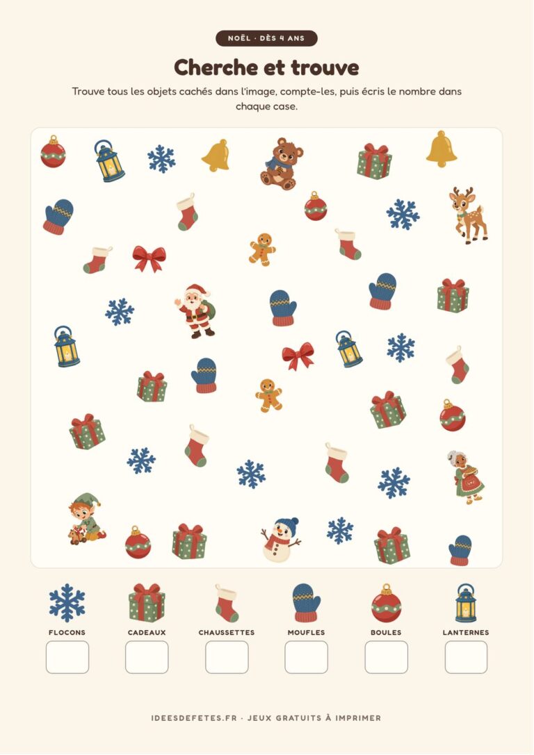 Cherche et trouve de Noël à imprimer : compter les flocons, les cadeaux, les chaussettes et les moufles