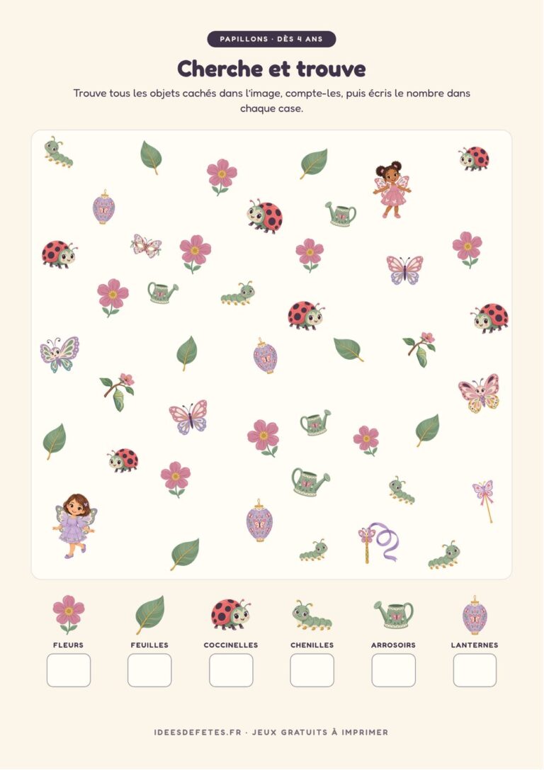 Cherche et trouve au jardin à imprimer : compter les fleurs, les feuilles et les coccinelles