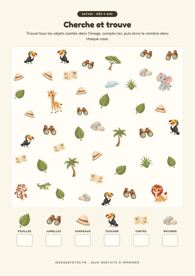 Cherche et trouve safari à imprimer : compter les feuilles, les jumelles et les chapeaux d’explorateur