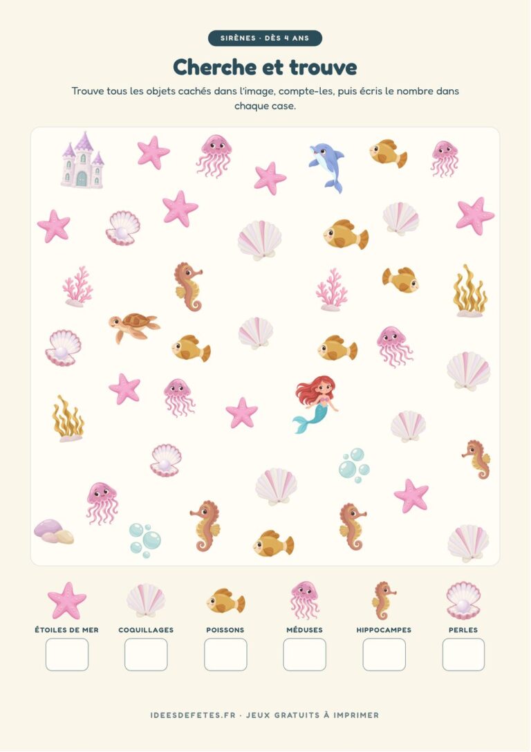 Cherche et trouve sirène à imprimer : compter les étoiles de mer, les coquillages et les poissons