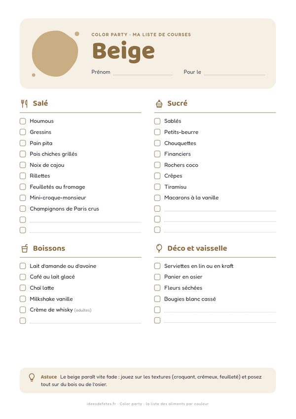Color party, couleur beige : liste de courses à imprimer avec les idées salées, sucrées, boissons et déco à cocher