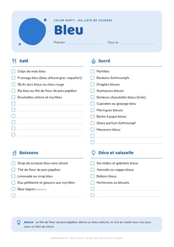 Color party, couleur bleu : liste de courses à imprimer avec les idées salées, sucrées, boissons et déco à cocher