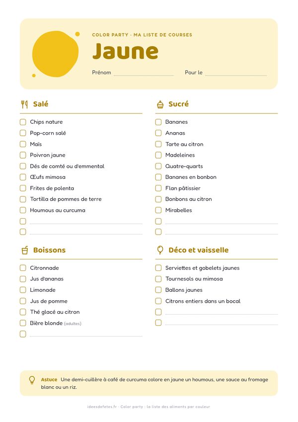 Color party, couleur jaune : liste de courses à imprimer avec les idées salées, sucrées, boissons et déco à cocher
