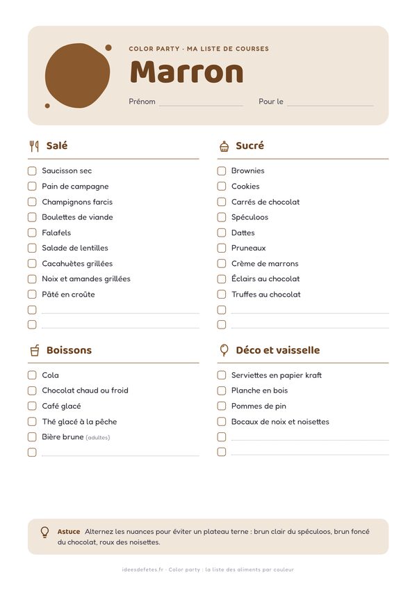 Color party, couleur marron : liste de courses à imprimer avec les idées salées, sucrées, boissons et déco à cocher