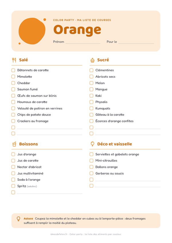 Color party, couleur orange : liste de courses à imprimer avec les idées salées, sucrées, boissons et déco à cocher