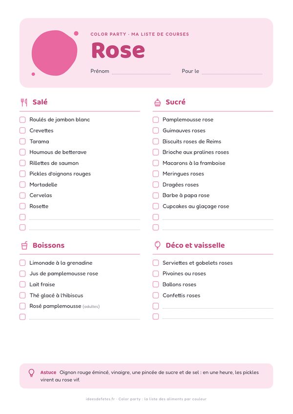 Color party, couleur rose : liste de courses à imprimer avec les idées salées, sucrées, boissons et déco à cocher