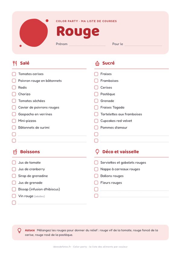 Color party, couleur rouge : liste de courses à imprimer avec les idées salées, sucrées, boissons et déco à cocher