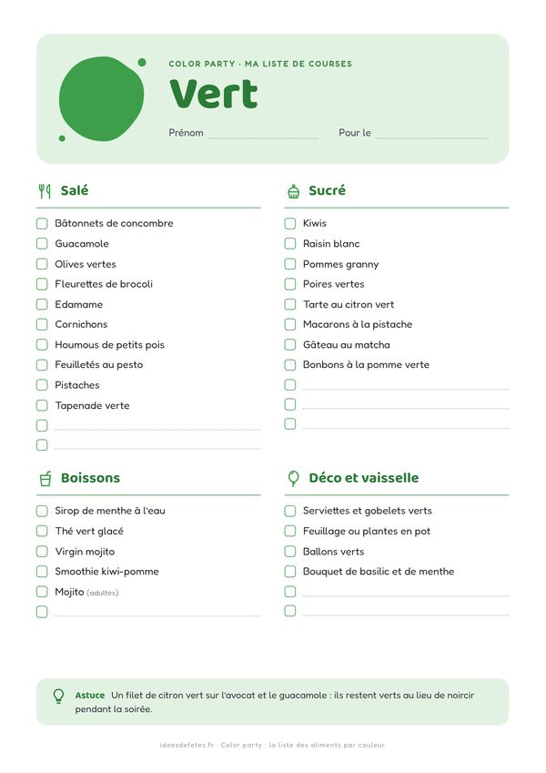 Color party, couleur vert : liste de courses à imprimer avec les idées salées, sucrées, boissons et déco à cocher