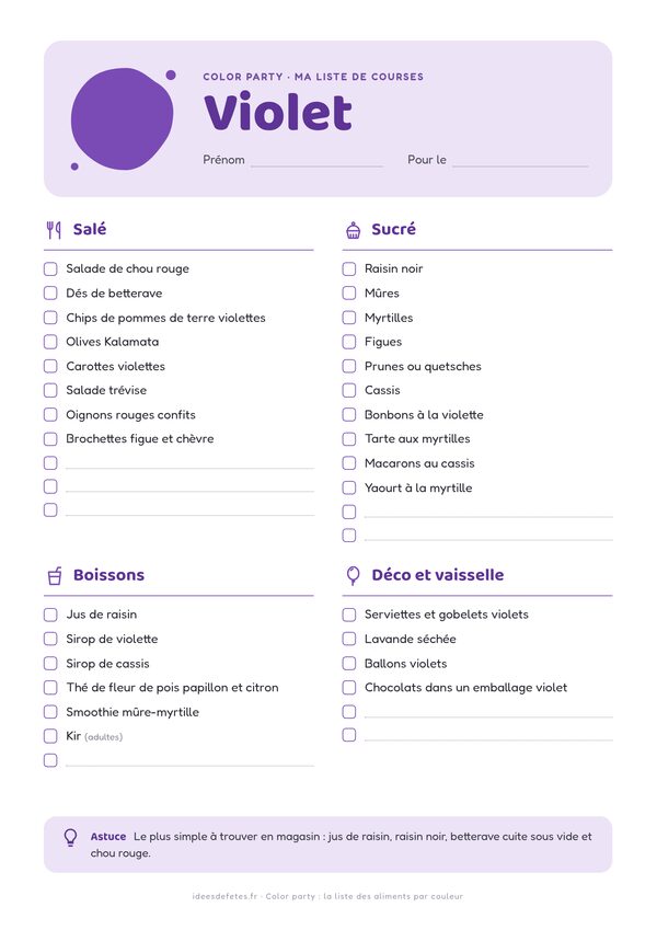 Color party, couleur violet : liste de courses à imprimer avec les idées salées, sucrées, boissons et déco à cocher