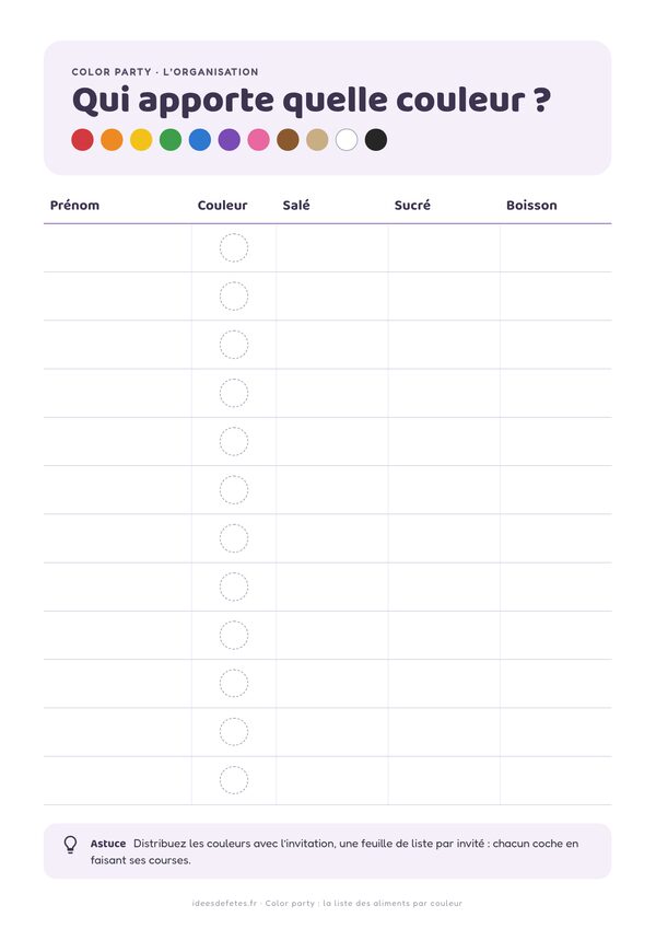 Tableau color party à imprimer : qui apporte quelle couleur, avec le salé, le sucré et la boisson de chaque invité