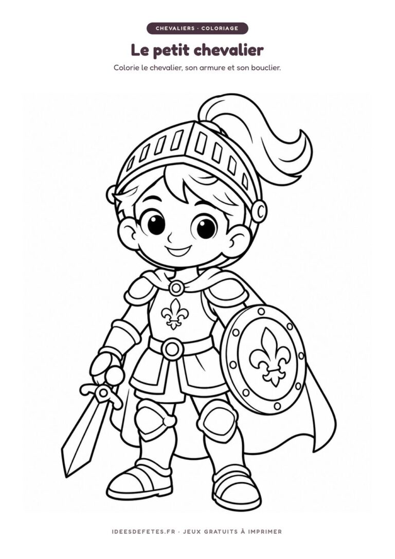 Coloriage chevalier à imprimer : le petit chevalier en armure et son bouclier, dessin au trait pour les enfants