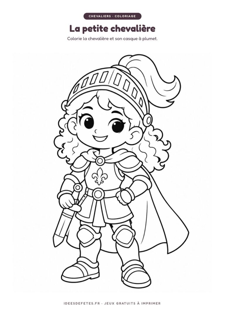 Coloriage chevalier à imprimer : la petite chevalière au casque à plumet, dessin au trait pour les enfants