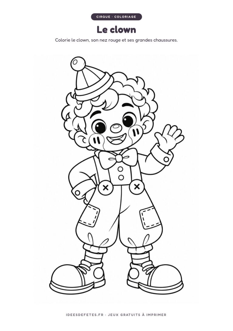 Coloriage cirque à imprimer : le petit clown et ses grandes chaussures, dessin au trait pour les enfants