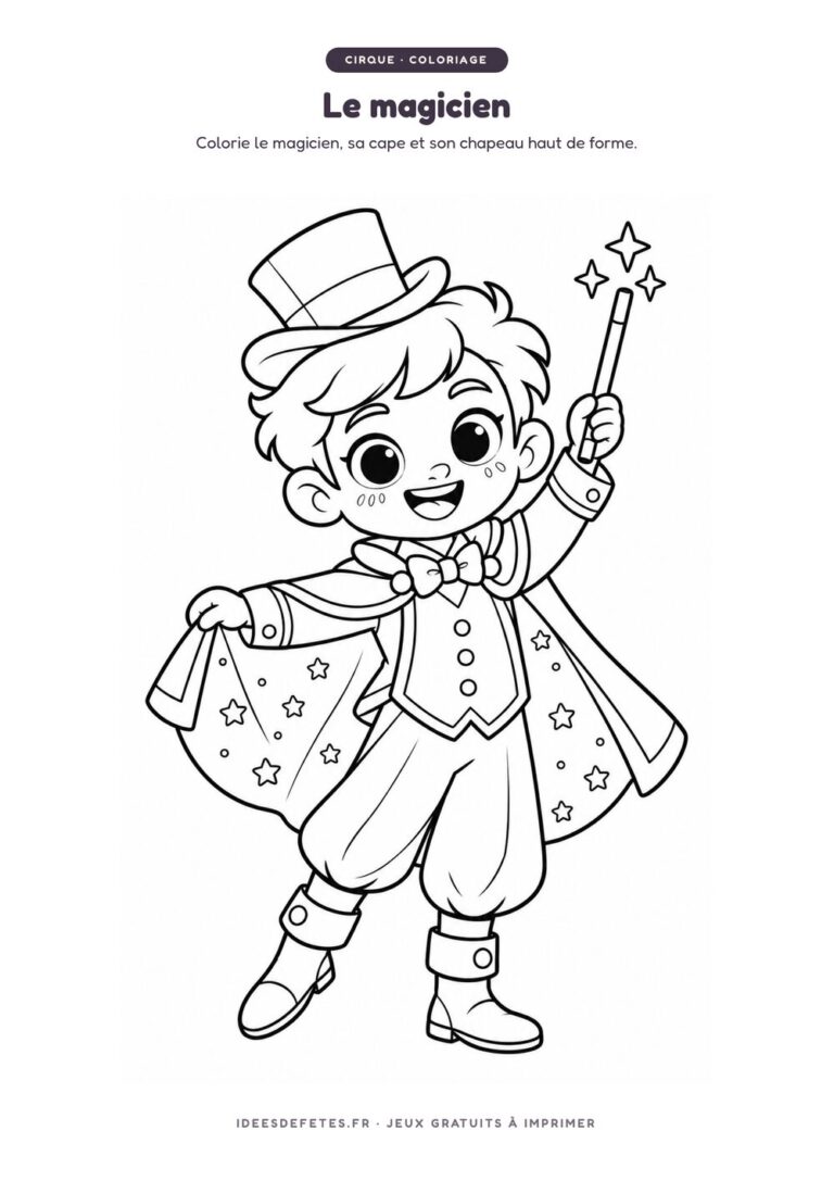 Coloriage cirque à imprimer : le petit magicien et son chapeau haut de forme, dessin au trait pour les enfants