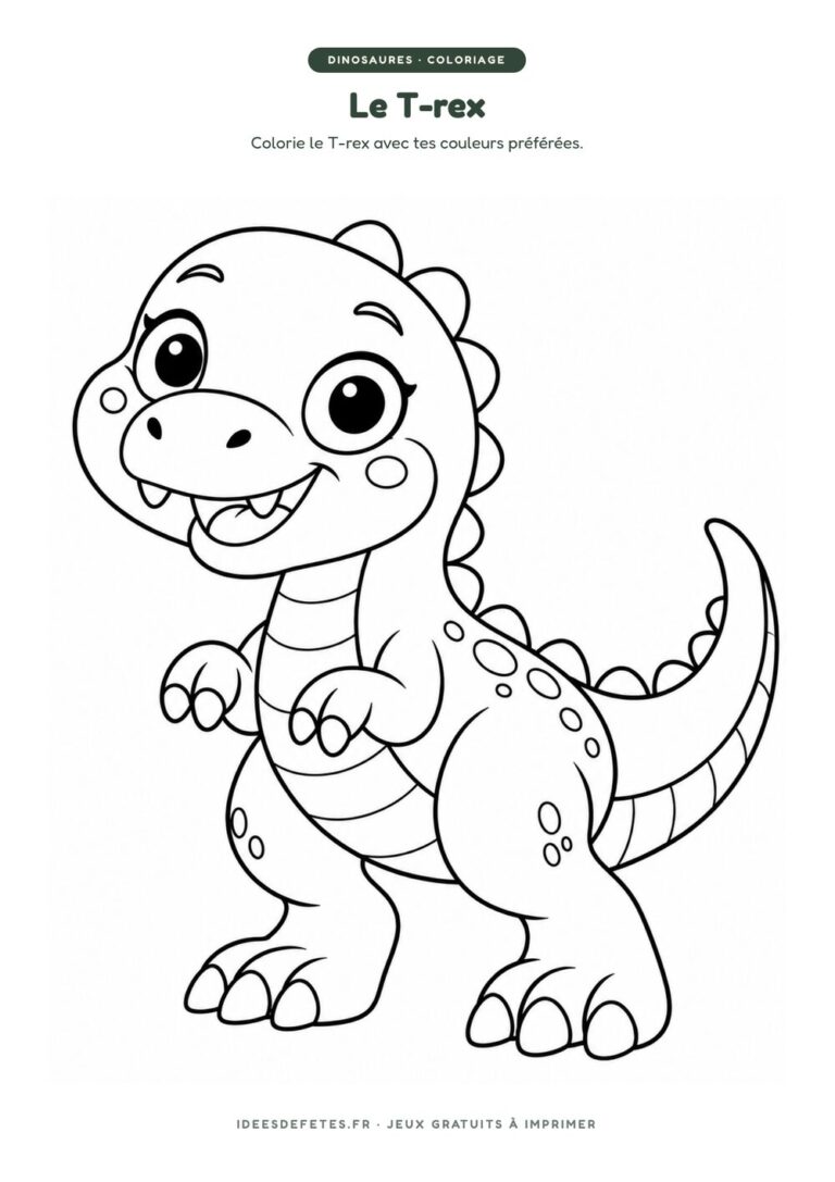 Coloriage dinosaure à imprimer : le T-rex souriant, dessin au trait pour les enfants