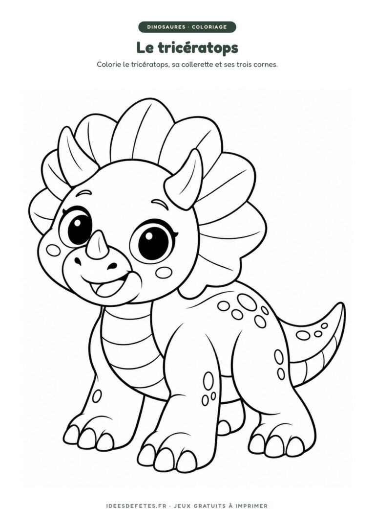Coloriage dinosaure à imprimer : le tricératops et ses trois cornes, dessin au trait pour les enfants