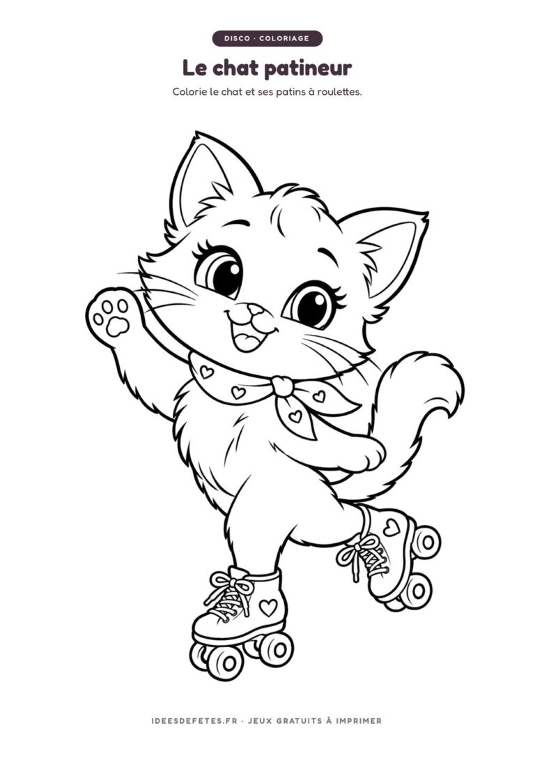 Coloriage disco à imprimer : le chat sur ses patins à roulettes, dessin au trait pour les enfants