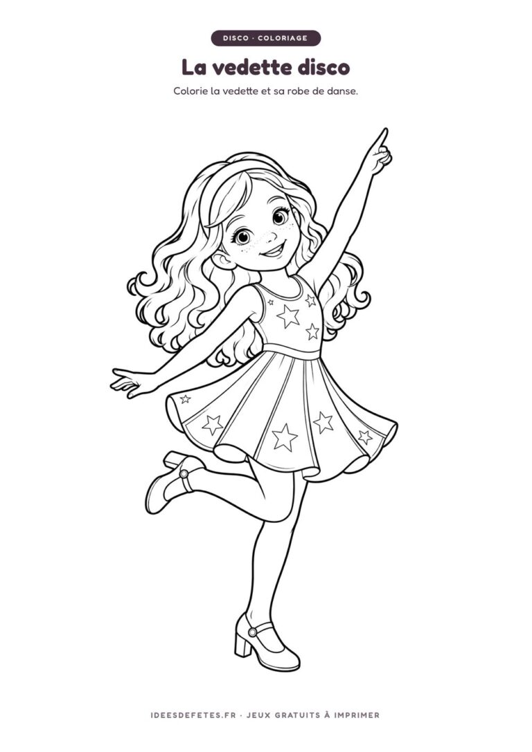 Coloriage disco à imprimer : la petite vedette qui danse, dessin au trait pour les enfants