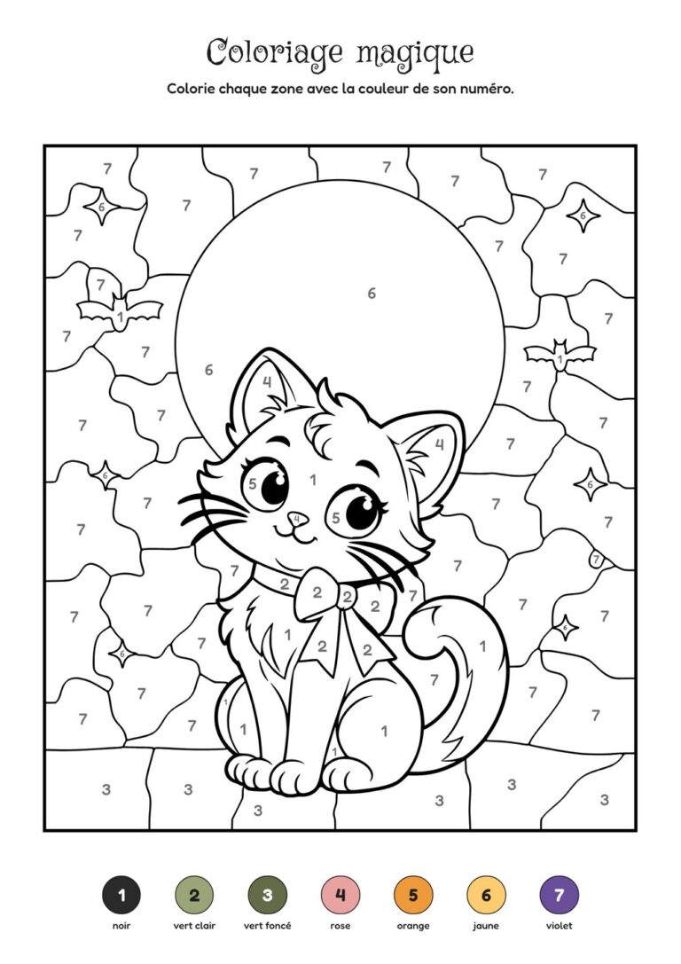 Coloriage magique Halloween à imprimer : le chat noir devant la pleine lune, 7 couleurs, dès 4 ans