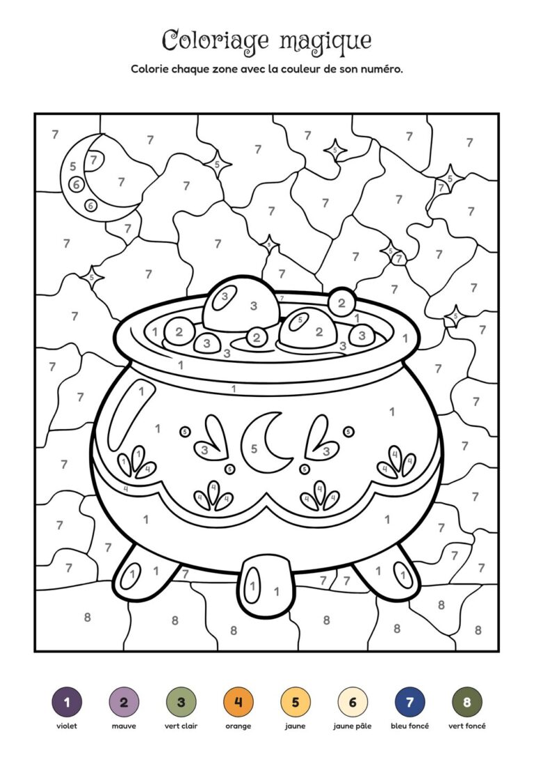Coloriage magique Halloween à imprimer : le chaudron magique et sa potion, 8 couleurs, dès 6 ans