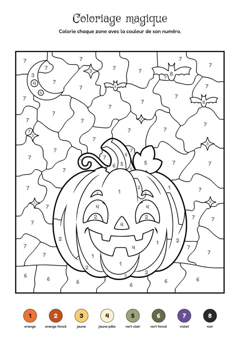 Coloriage magique Halloween à imprimer : la citrouille souriante sous la lune, 8 couleurs, dès 5 ans