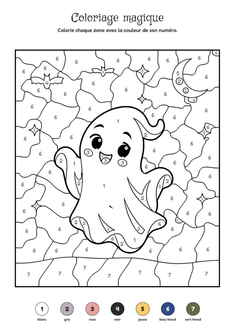 Coloriage magique Halloween à imprimer : le petit fantôme dans la nuit étoilée, 7 couleurs, dès 4 ans
