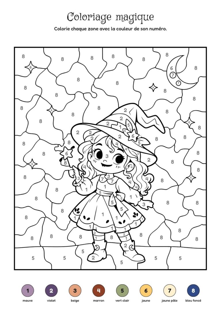 Coloriage magique Halloween à imprimer : la petite sorcière au chapeau pointu, 8 couleurs, dès 6 ans