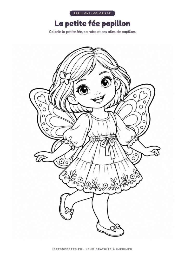 Coloriage papillon à imprimer : la petite fée aux ailes de papillon, dessin au trait pour les enfants