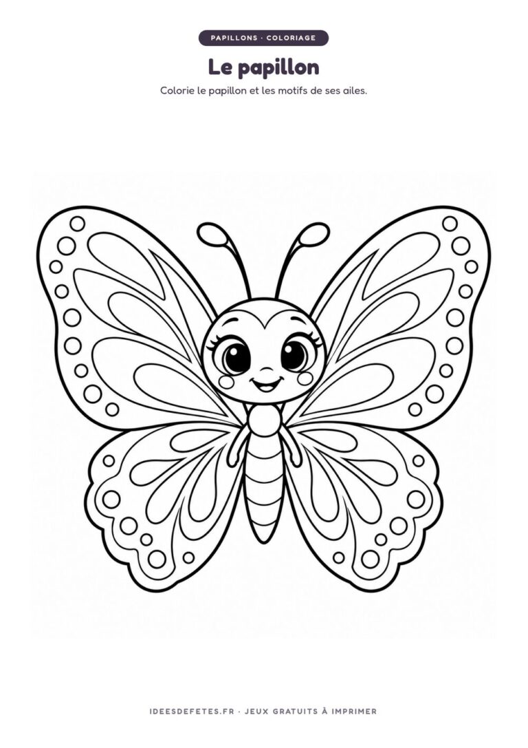 Coloriage papillon à imprimer : le papillon souriant aux grandes ailes, dessin au trait pour les enfants