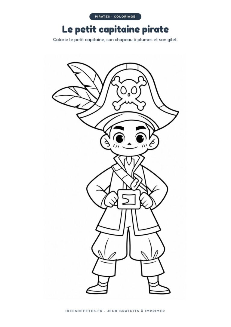 Coloriage pirate à imprimer : le petit capitaine au chapeau à plumes, dessin au trait pour les enfants