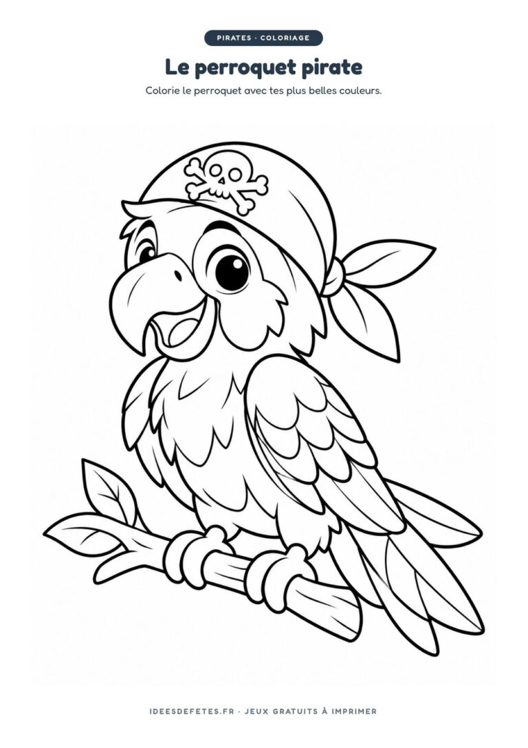 Coloriage pirate à imprimer : le perroquet au bandana de pirate, dessin au trait pour les enfants