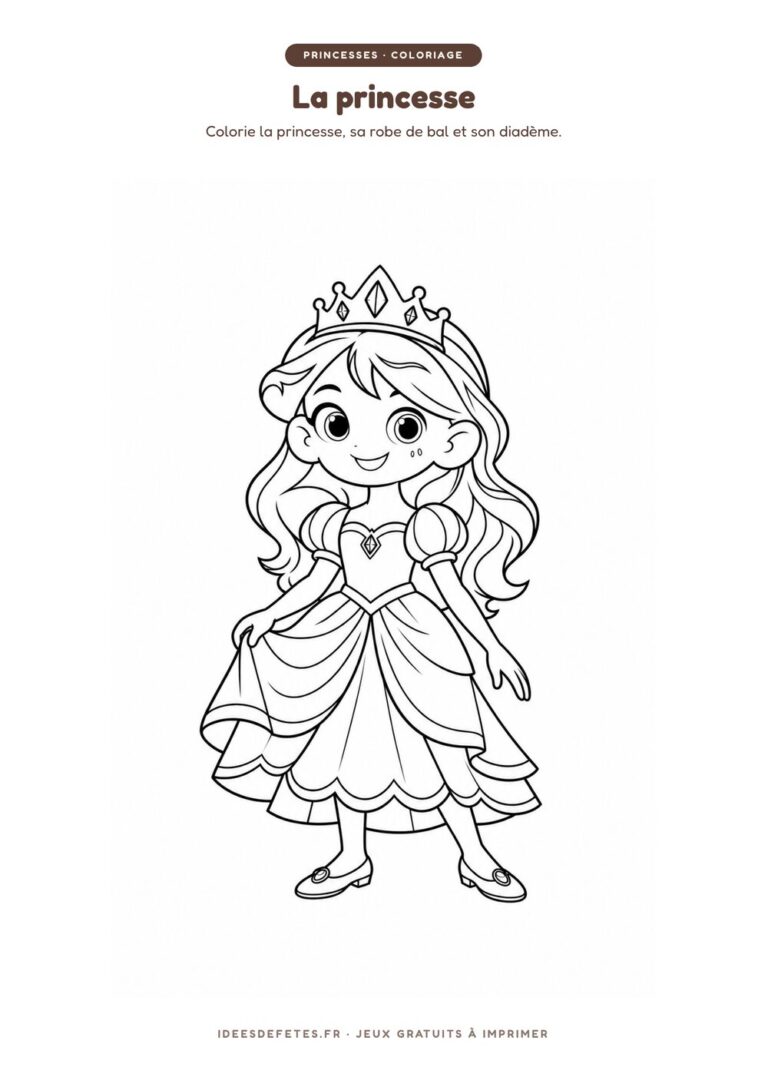 Coloriage princesse à imprimer : la petite princesse en robe de bal, dessin au trait pour les enfants