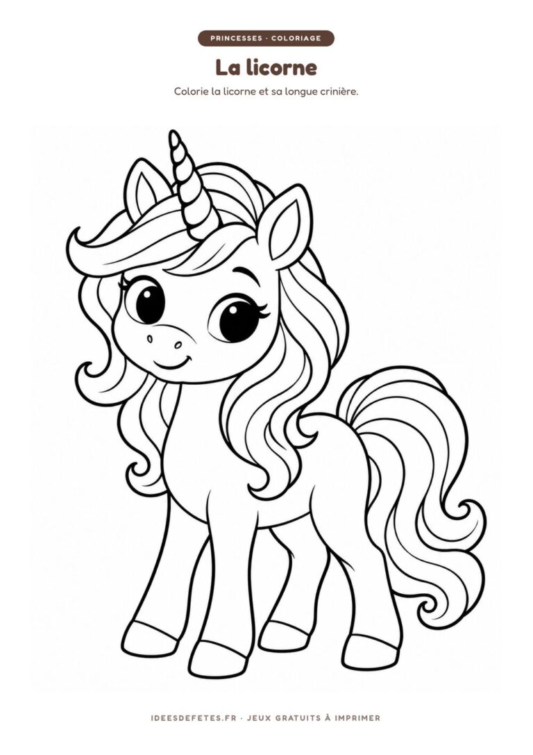Coloriage princesse à imprimer : la licorne à la longue crinière, dessin au trait pour les enfants